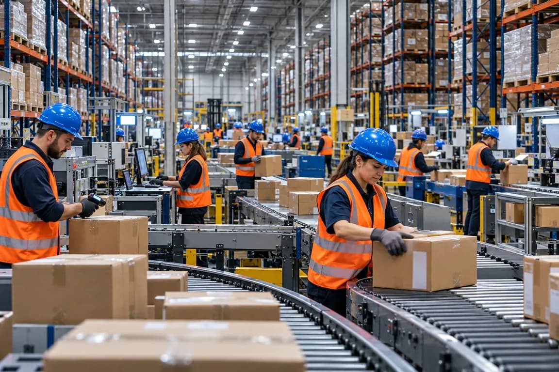 Operación logística B2B con racks, preparación de pedidos y zonas de recepción y despacho